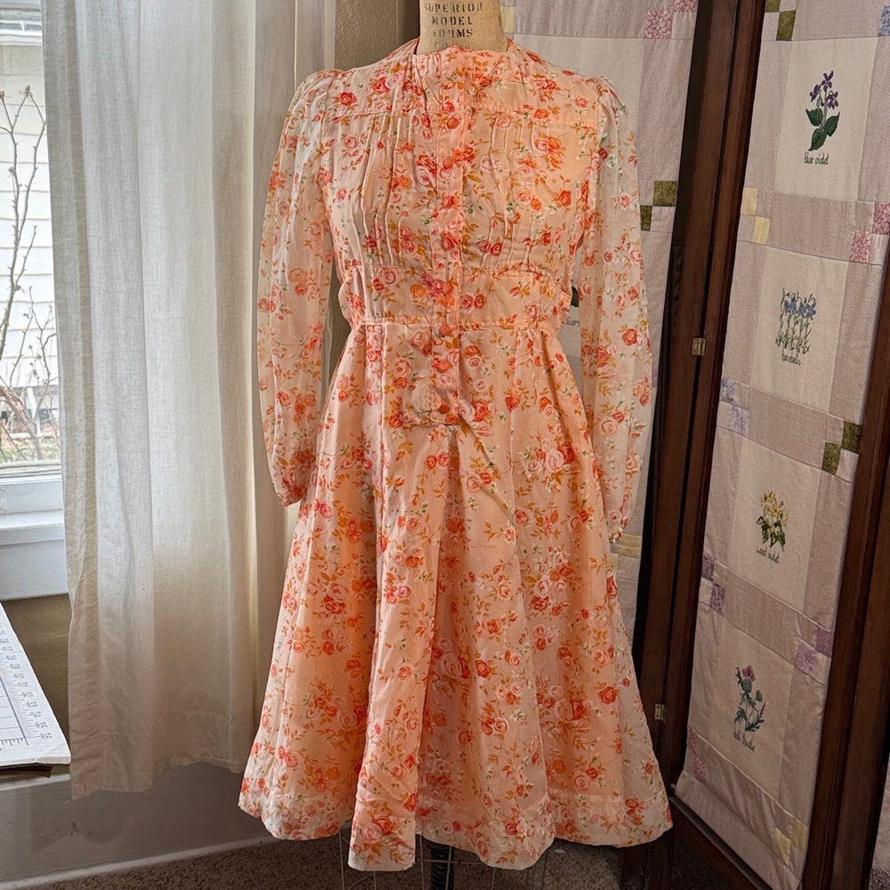 Vintage 70s Peach Floral Prairie Dress XS S Sheer Chiffon Lined Romantic Cottage